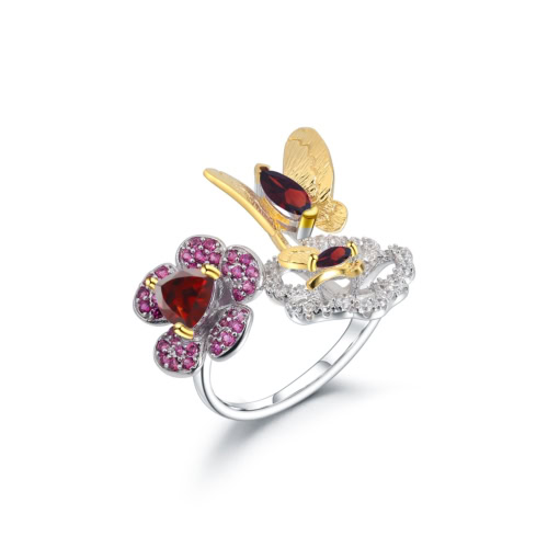 Schmetterling blume Ring silber damen mit Granat