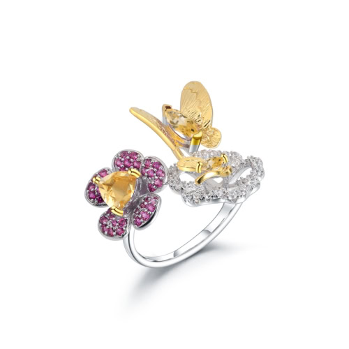 Schmetterling blume Ring silber damen mit Citrin