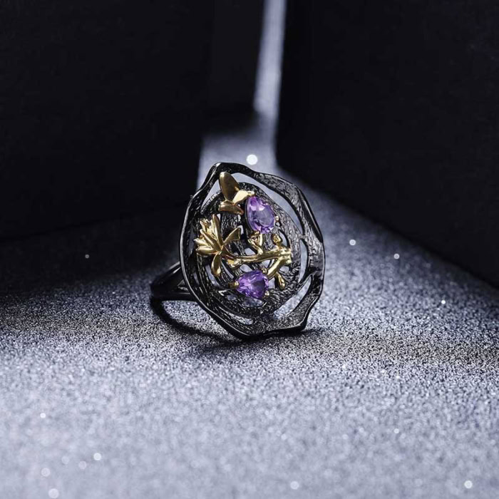 Schwarzer Ring silber damen mit Stein Amethyst