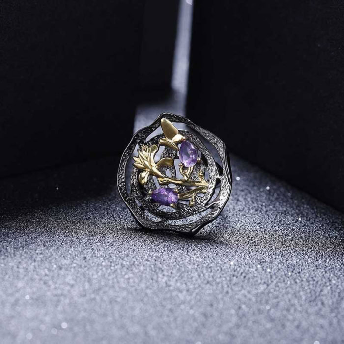 Schwarzer Ring silber damen mit Stein Amethyst