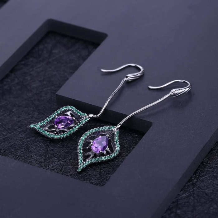 Ohrringe Blätter Silber Amethyst hängend