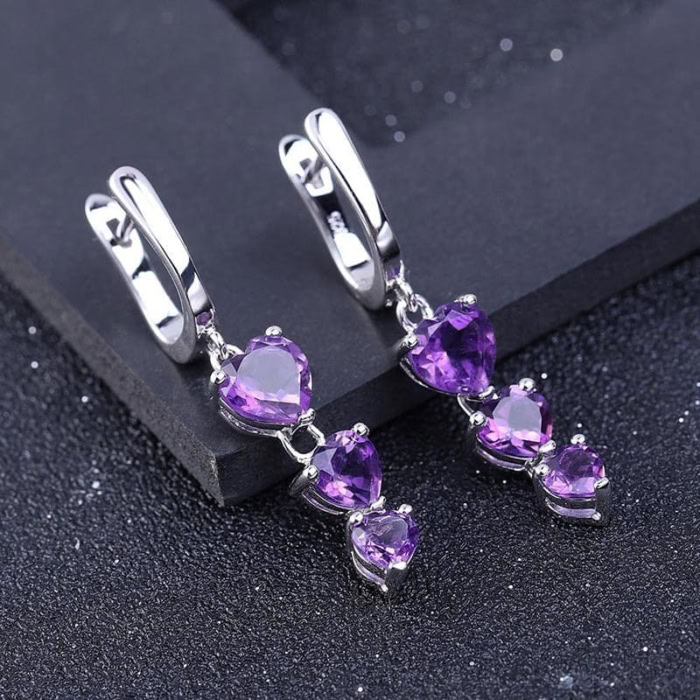 Amethyst Ohrringe Creolen mit 3 Herz Edelstein