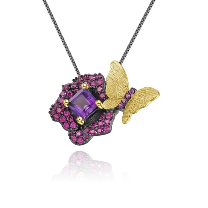 Blumen und Schmetterling Kette mit Amethyst