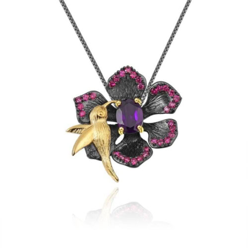 Edelstein Amethyst Blumen Kette mit Vogel