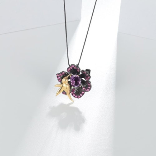 Edelstein Amethyst Blumen Kette mit Vogel