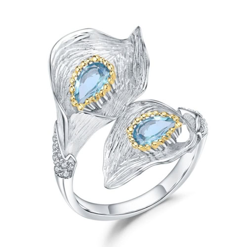 Silber Ring blume mit Blau Topas