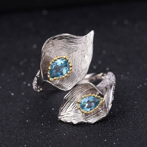 Silber Ring blume mit Blau Topas