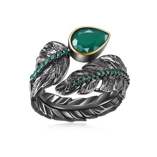 schwarze Leaf Ring mit Grün Achat