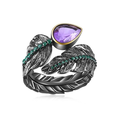 schwarze Leaf Ring mit Amethyst