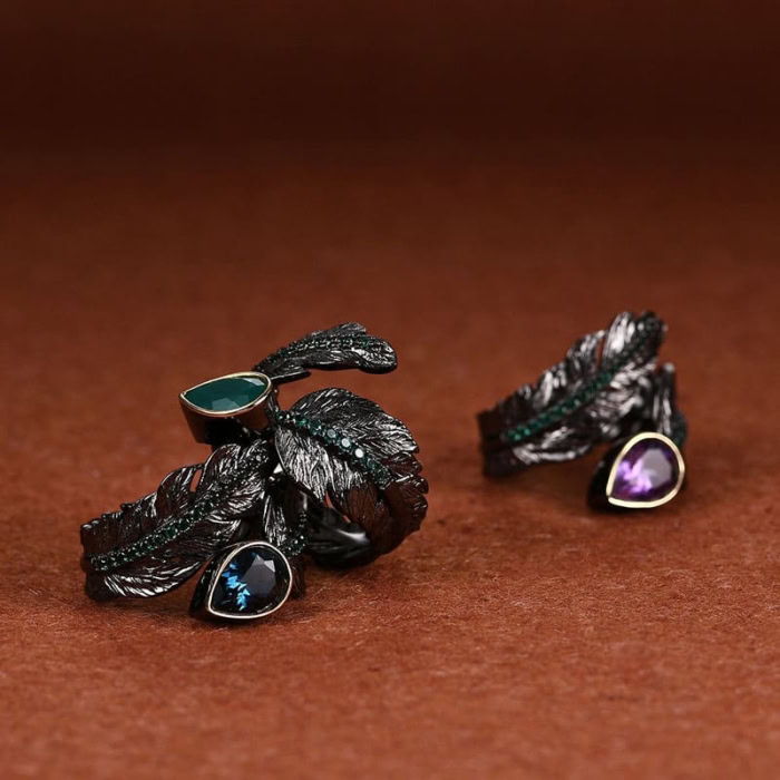 schwarze Leaf Ring mit Amethyst