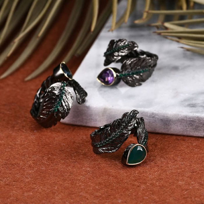 schwarze Leaf Ring mit Amethyst