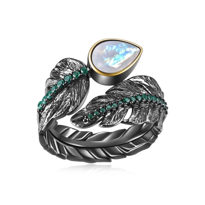 schwarze Leaf Ring mit Opal