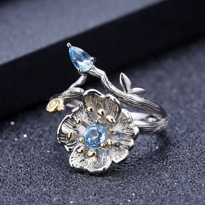 Silber Ring Blume mit Edelstein