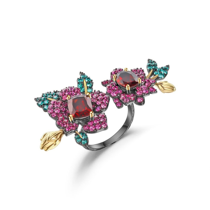 Damen Ring Blume mit Granat