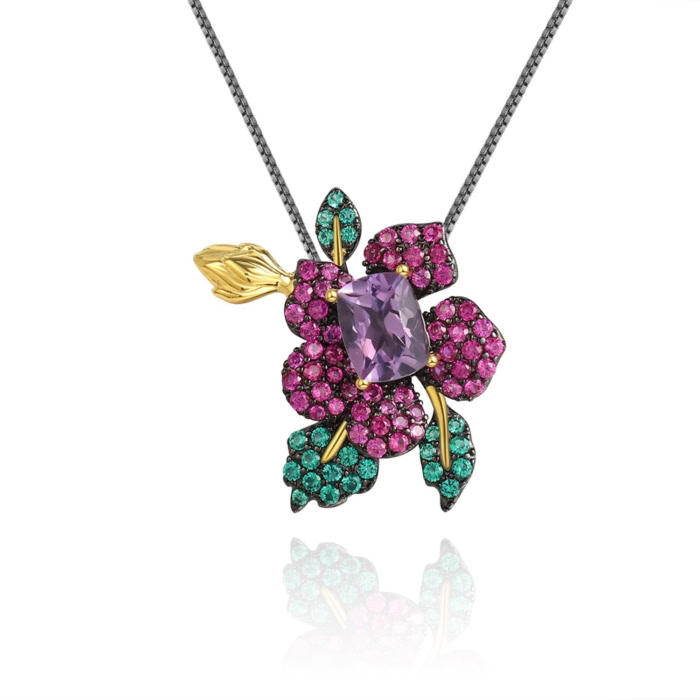 Blumen Kette lila mit Amethyst