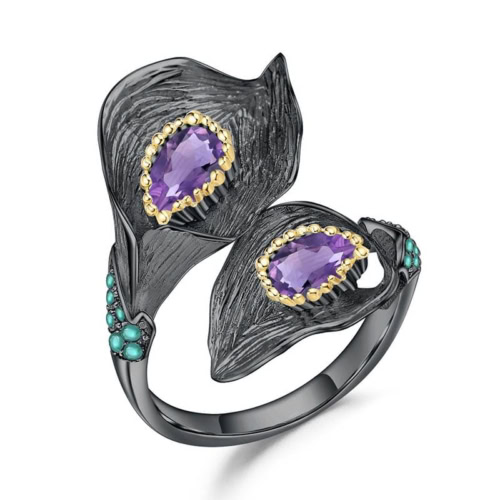 Schwarze Ring Blume mit Amethyst