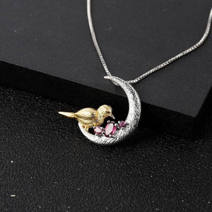 Silber Mond Kette mit Rosengranat